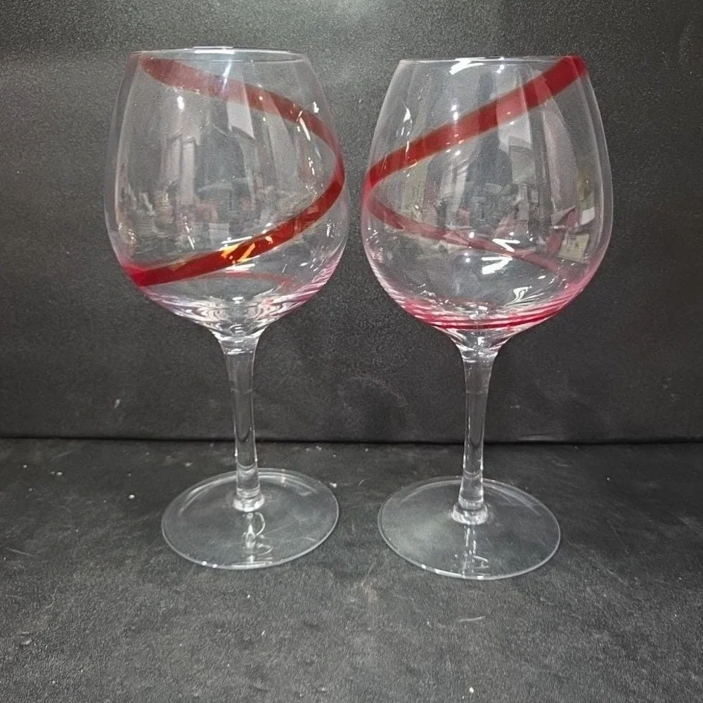 Pier 1 Red Swirline Balloon Wine Glasses, Set Of 2, Vintage Stemware Replacement